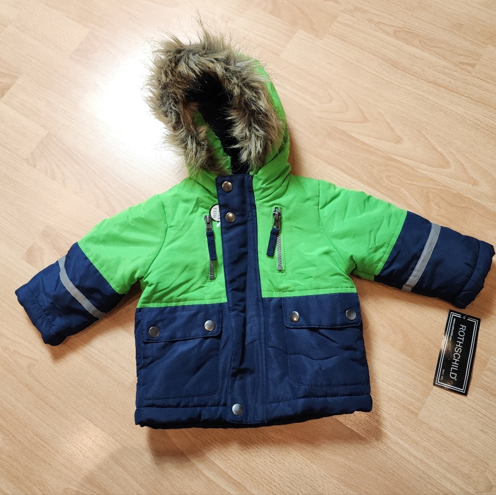 NWT Rothschild Navy Blue Kelly Green Colorblock Parka Coat Faux Fur 6/9 Months